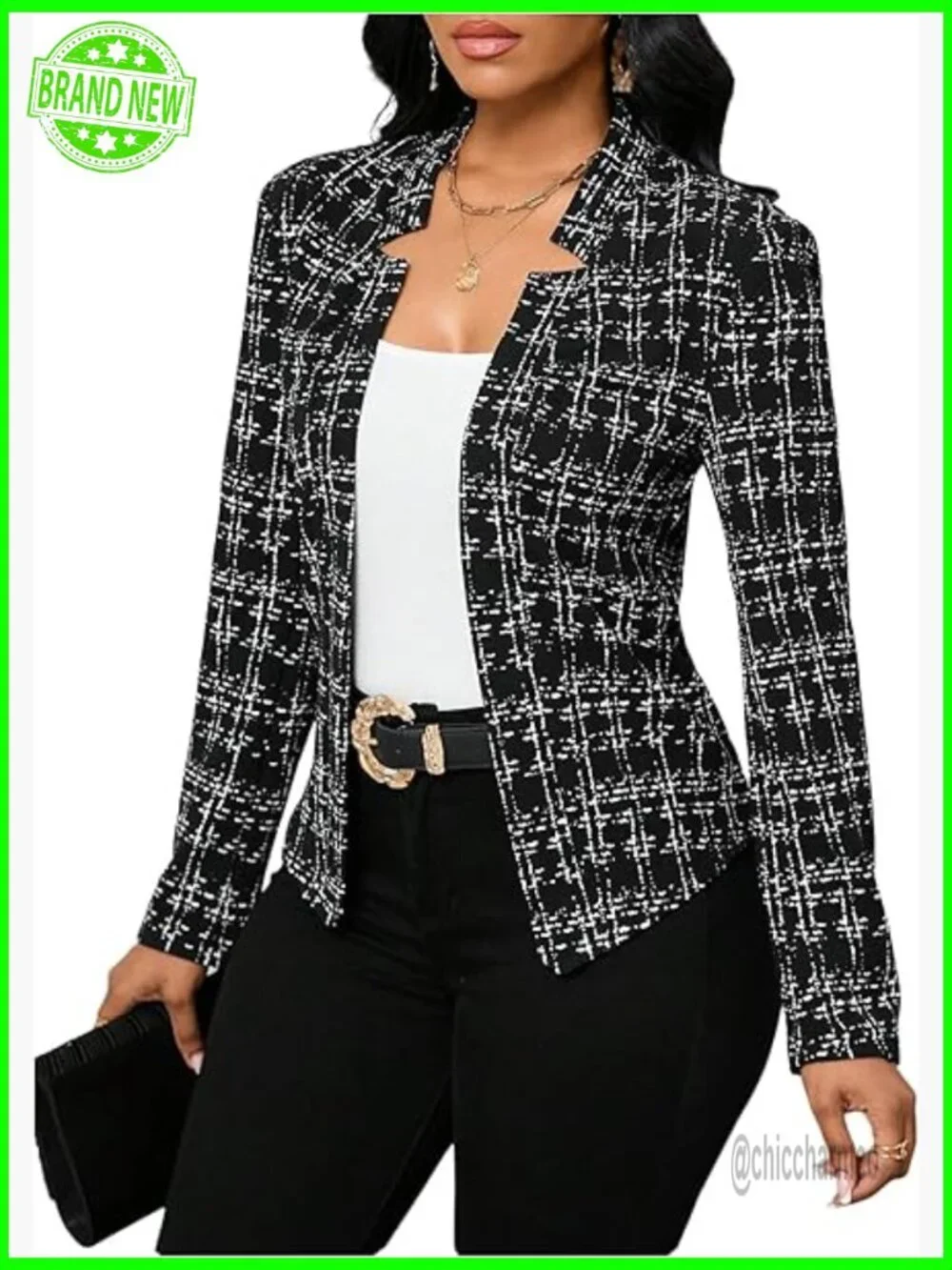 Elegant Tweed Blazer Open Front Long Sleeve Work Suit Jacket
